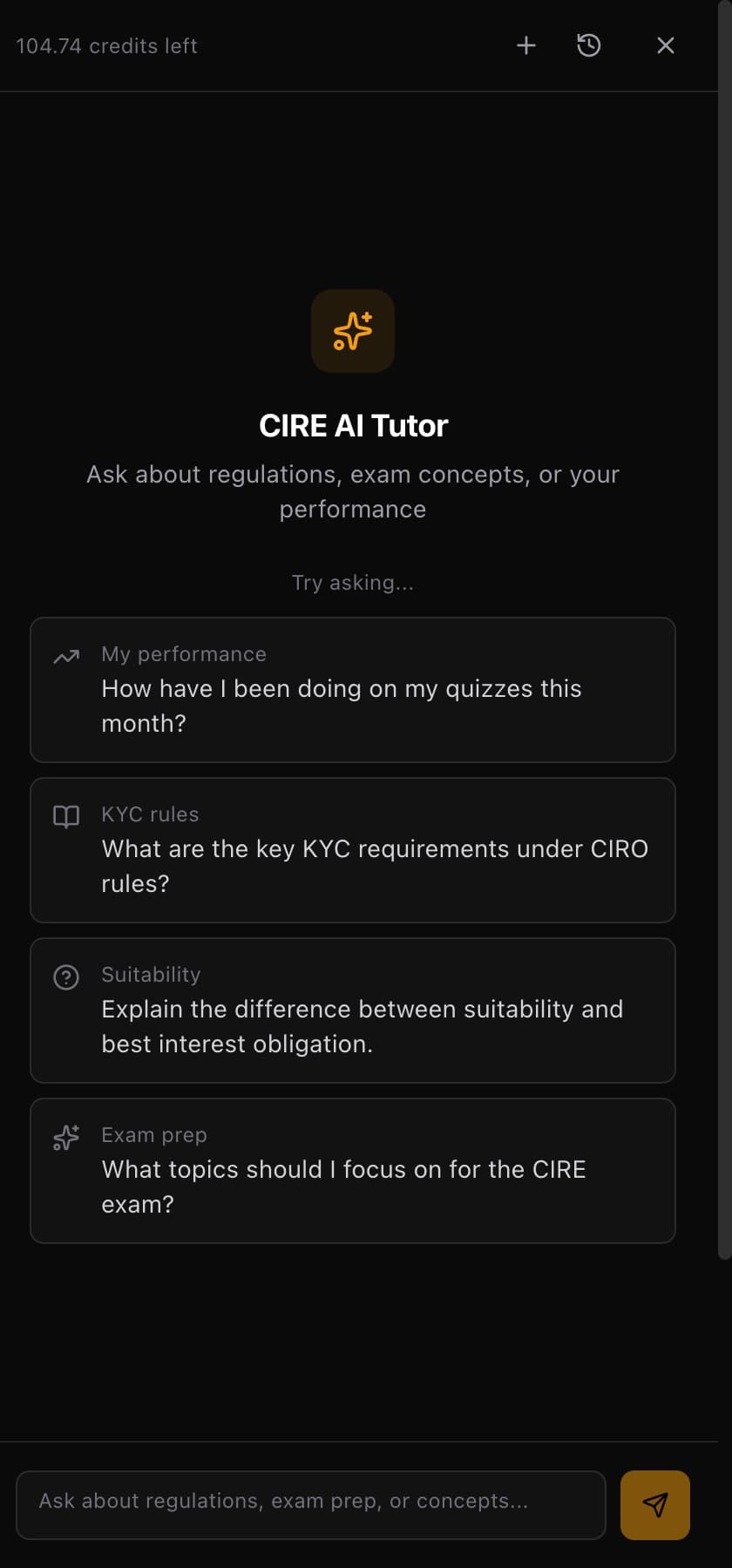 AI Tutor empty state showing four sample questions: My performance, KYC rules, Suitability, and Exam prep