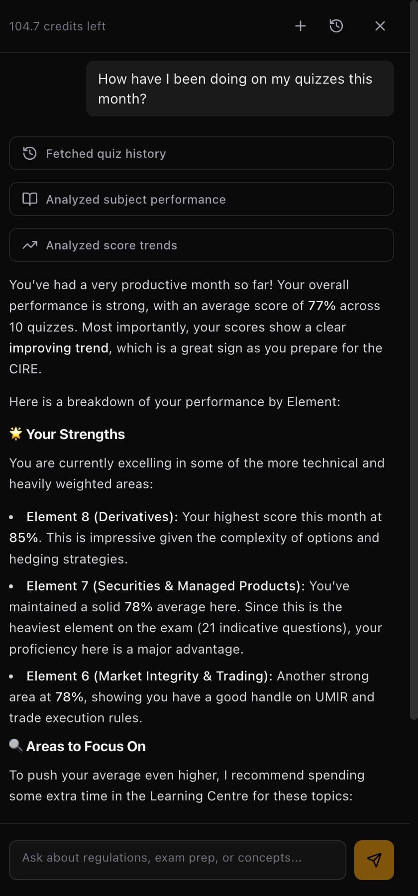 AI Tutor analyzing user performance: fetching quiz history showing 10 quizzes at 77% average, analyzing subject performance with element breakdowns and strengths, analyzing score trends showing improvement, then providing personalized recommendations