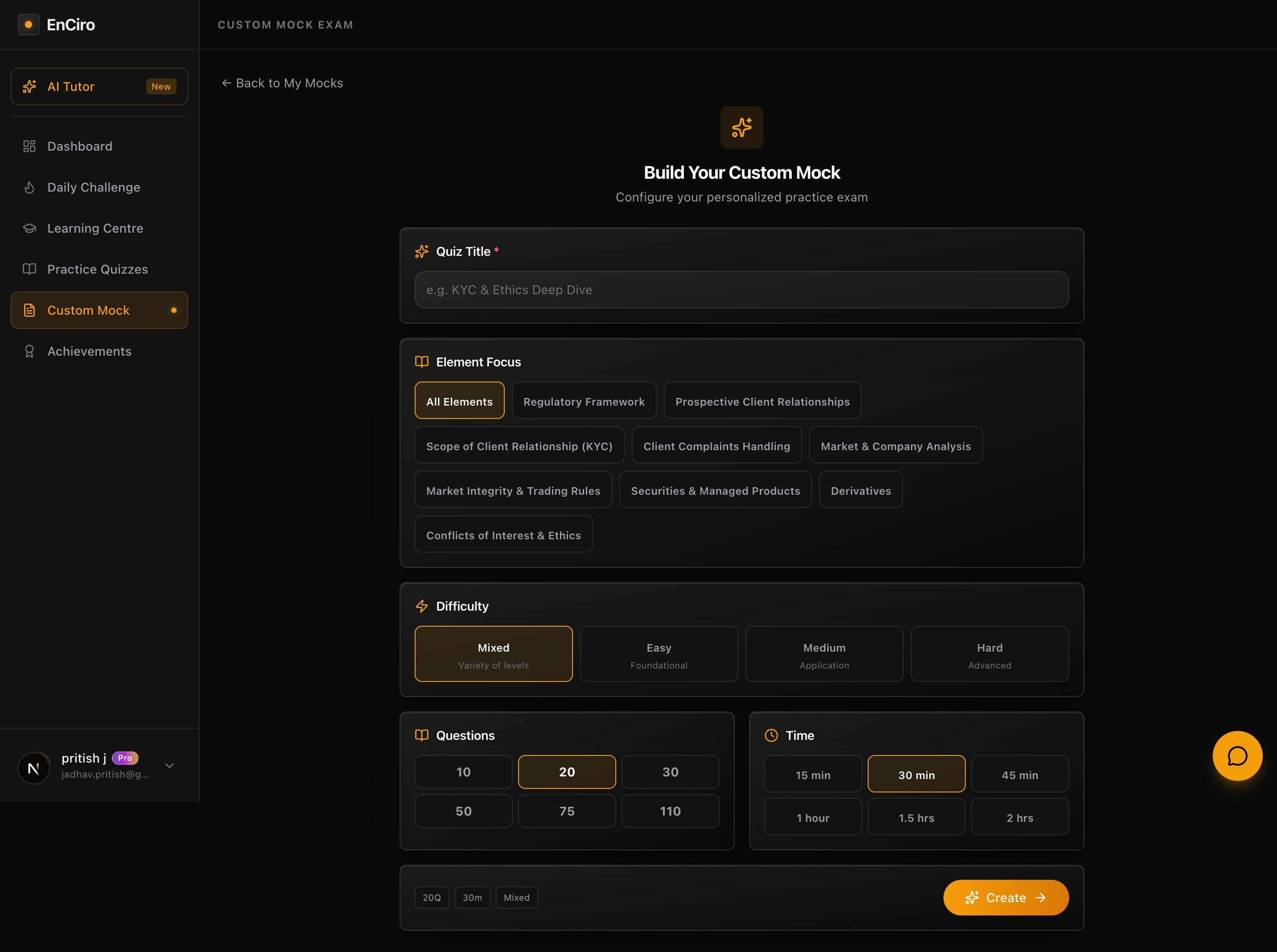 Custom Mock builder showing all configuration sections: Quiz Title, Element Focus with 9 CIRE elements, Difficulty options (Mixed, Easy, Medium, Hard), Question count (10 to 110), and Time limit (15 min to 2 hrs)