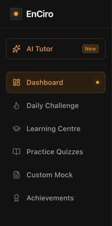 Navigation sidebar showing AI Tutor, Dashboard, Daily Challenge, Learning Centre, Practice Quizzes, Custom Mock, and Achievements