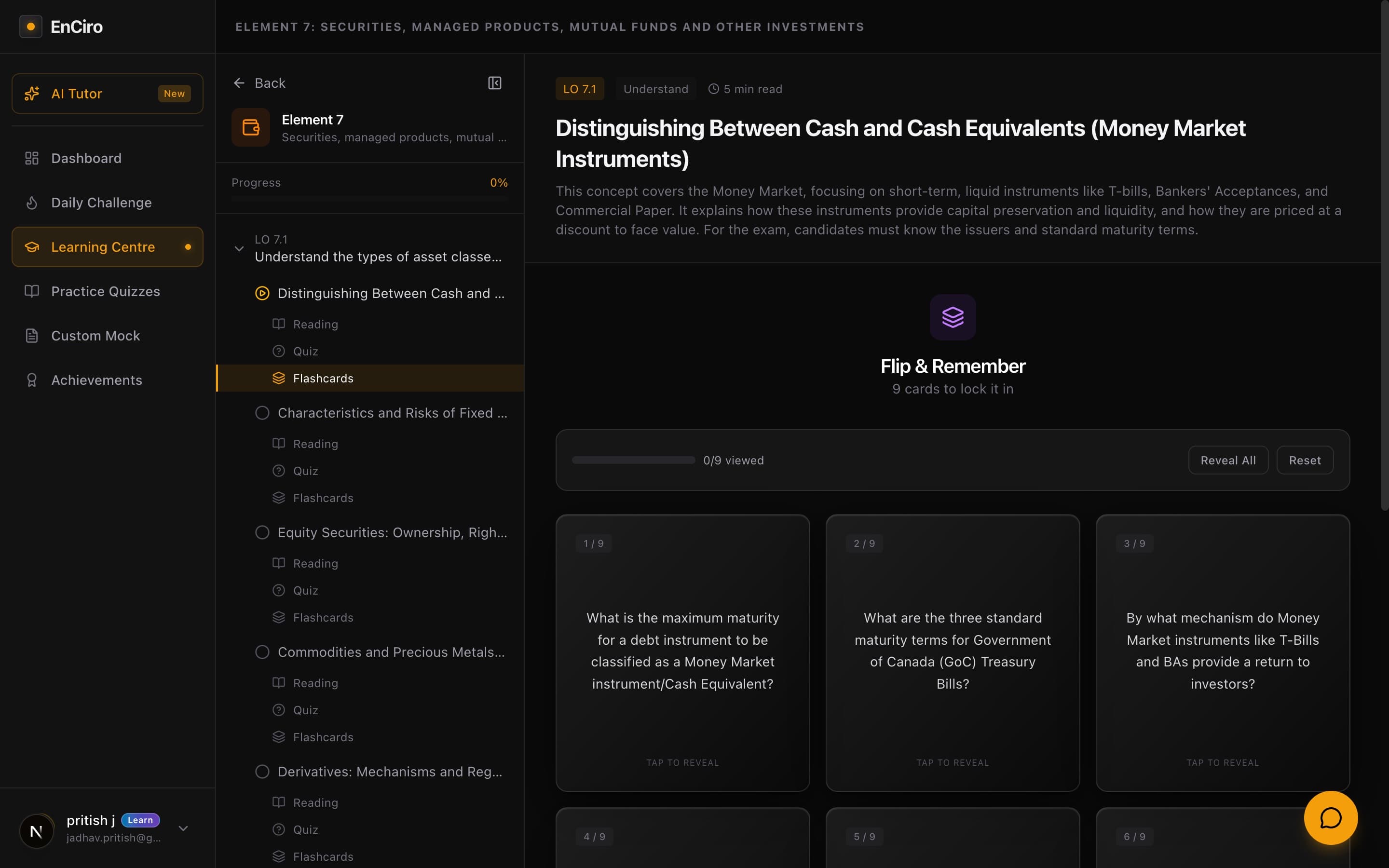 Flashcards grid showing numbered cards with questions on the front and TAP TO REVEAL prompts