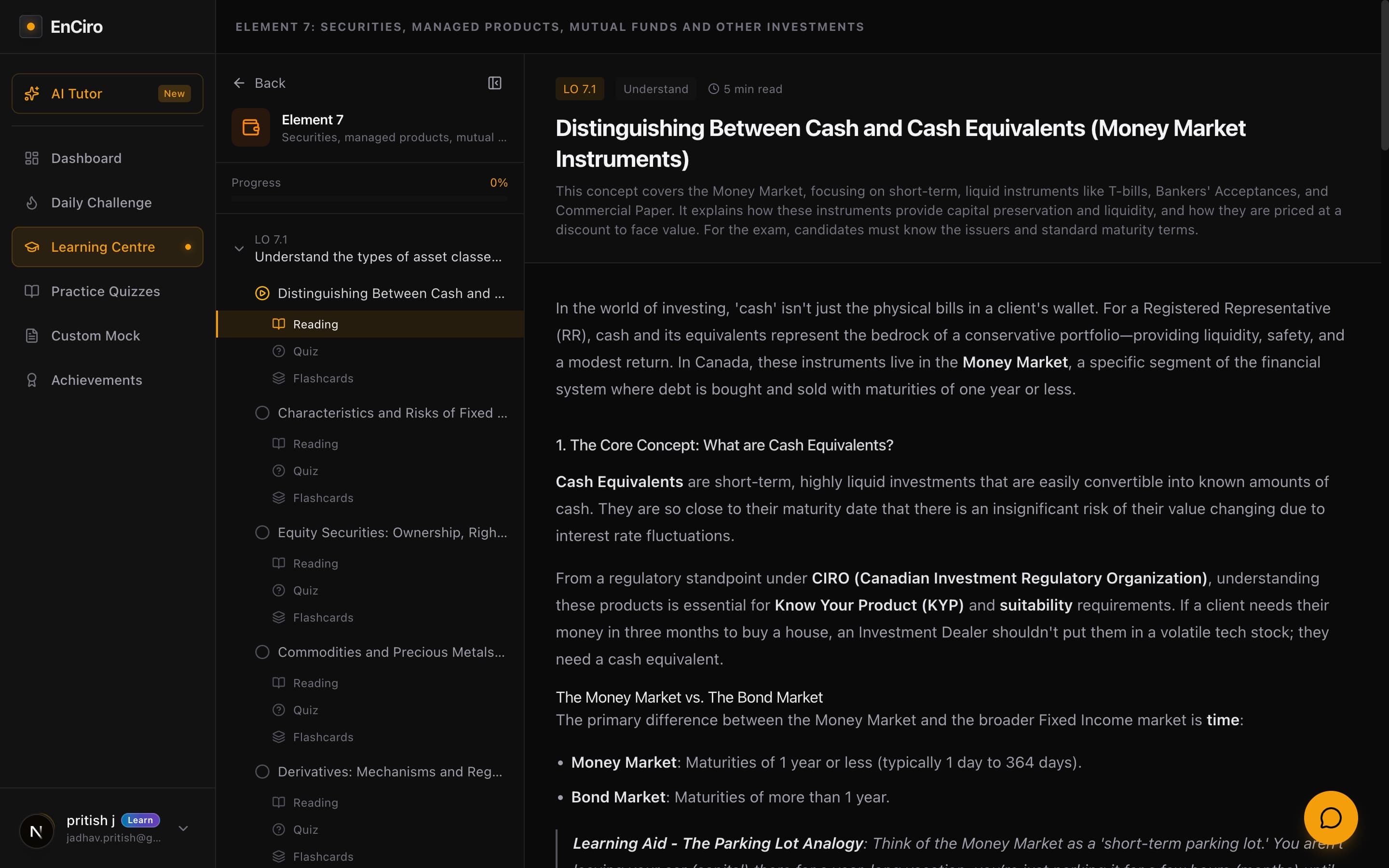 Element detail view showing the reading content area with metadata badges, key terms, and learning aids