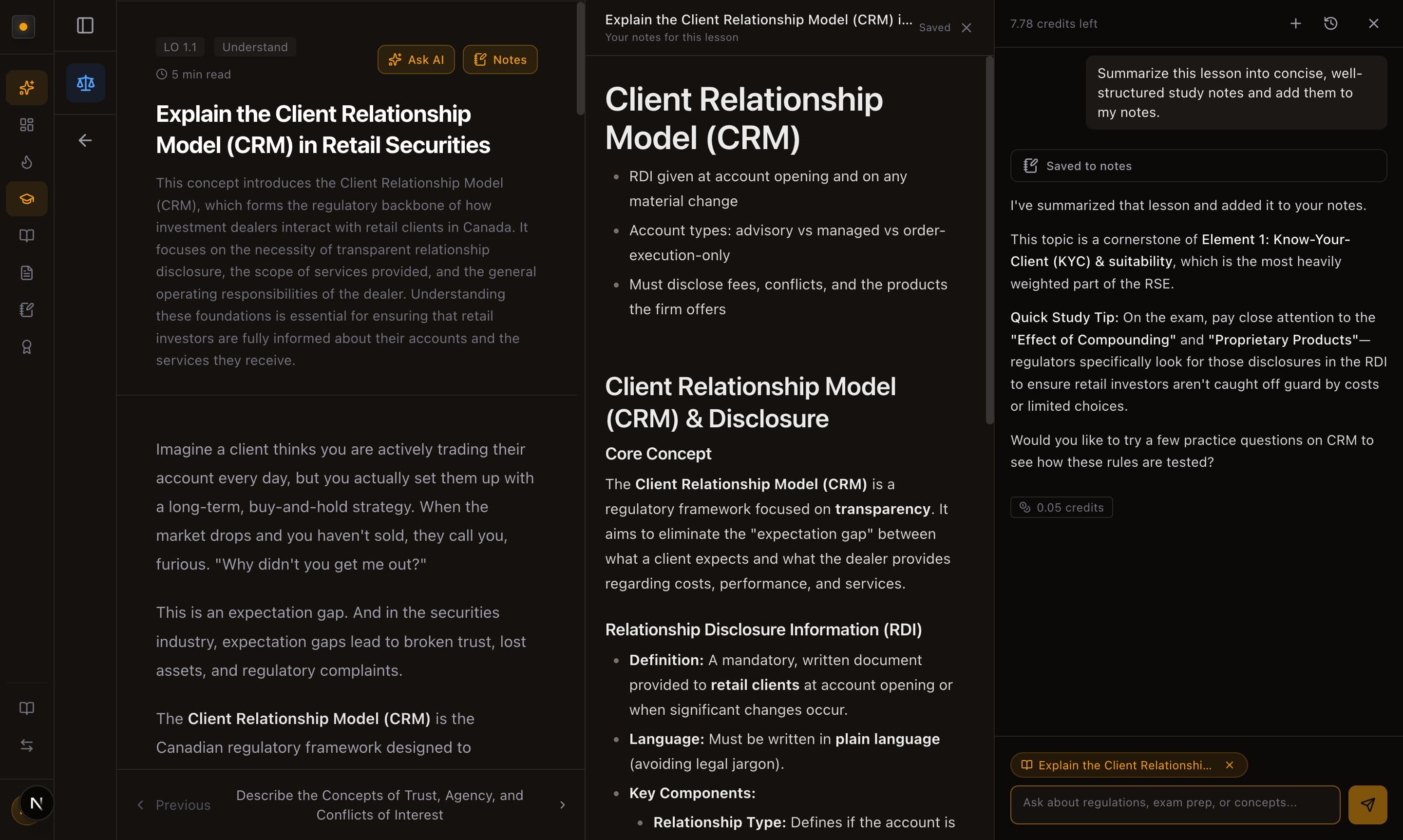A lesson on the left, the Notes panel in the middle showing an AI-written summary appended to the note, and the AI chat on the right with the prompt and a 'Saved to notes' confirmation