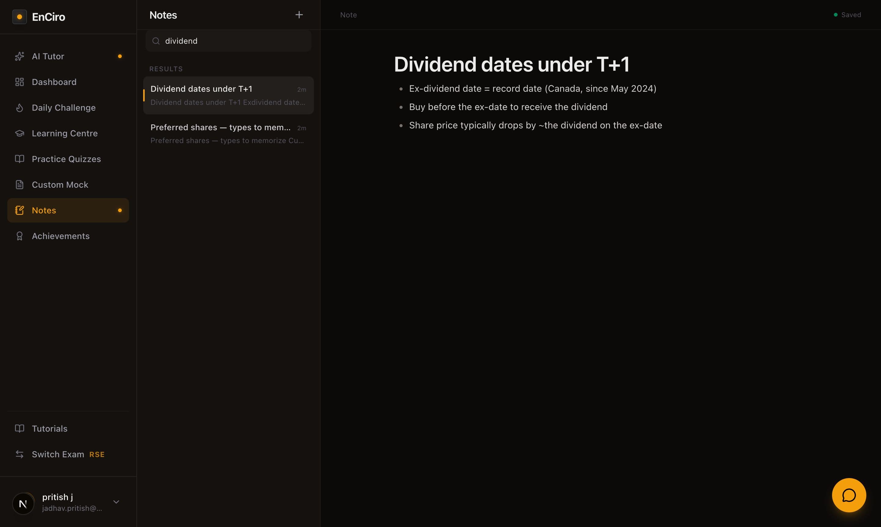 The Notes hub with 'dividend' typed in the search box, the list filtered to the two notes that mention it, and one of them open in the editor on the right