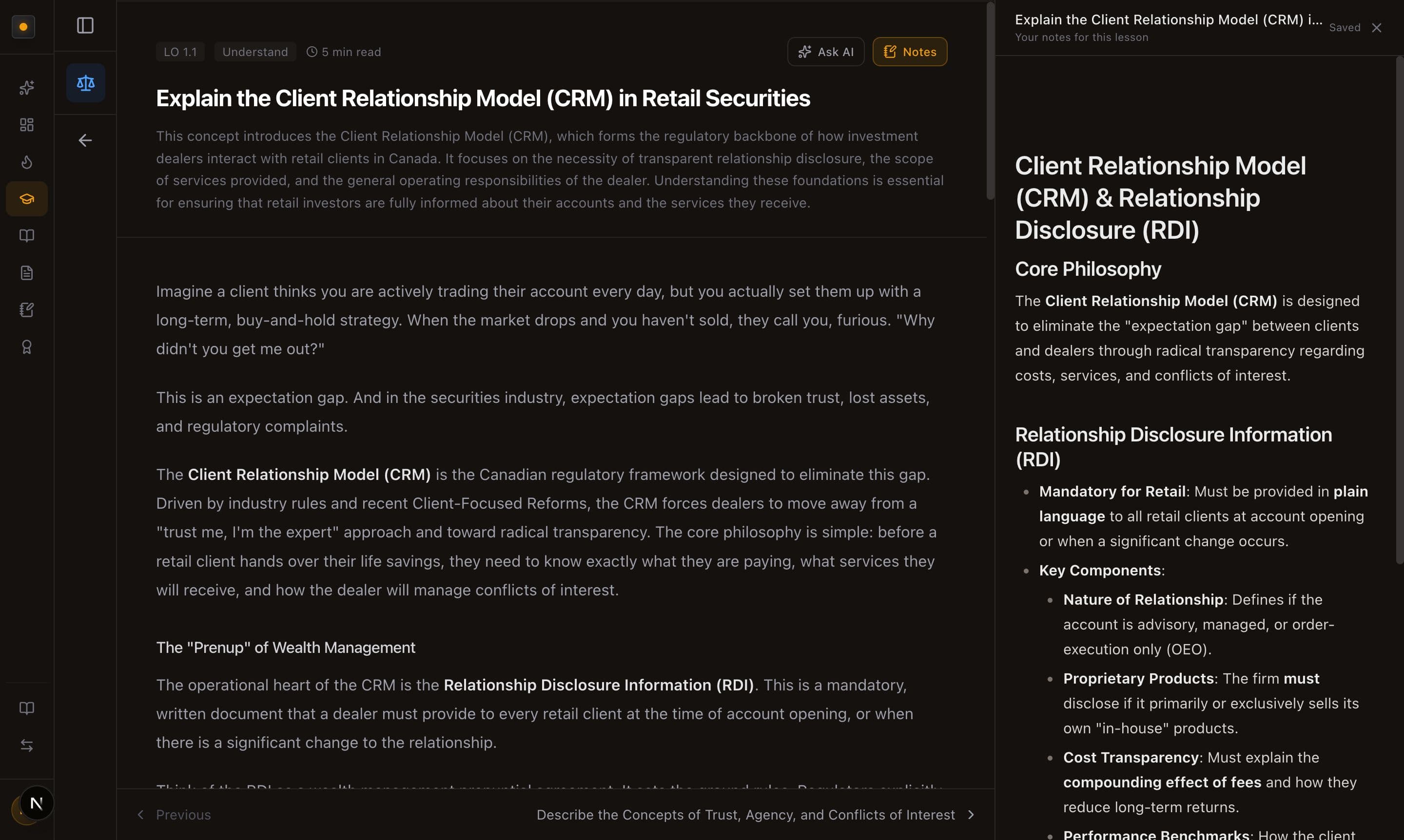 A lesson on the left and the Notes panel open on the right, showing formatted study notes for the same concept