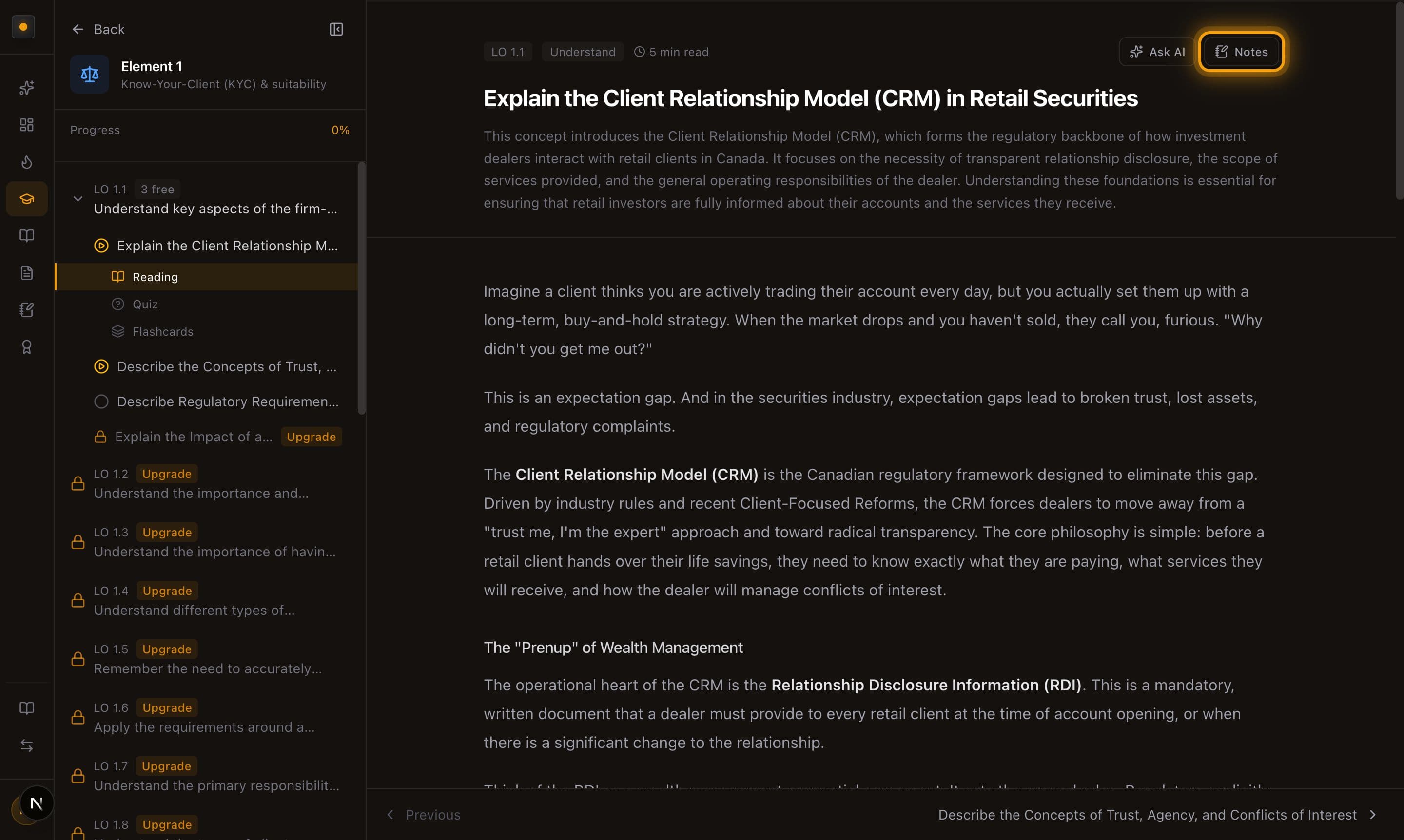 A lesson reading page with the Notes button outlined in gold in the top-right toolbar, next to the Ask AI button