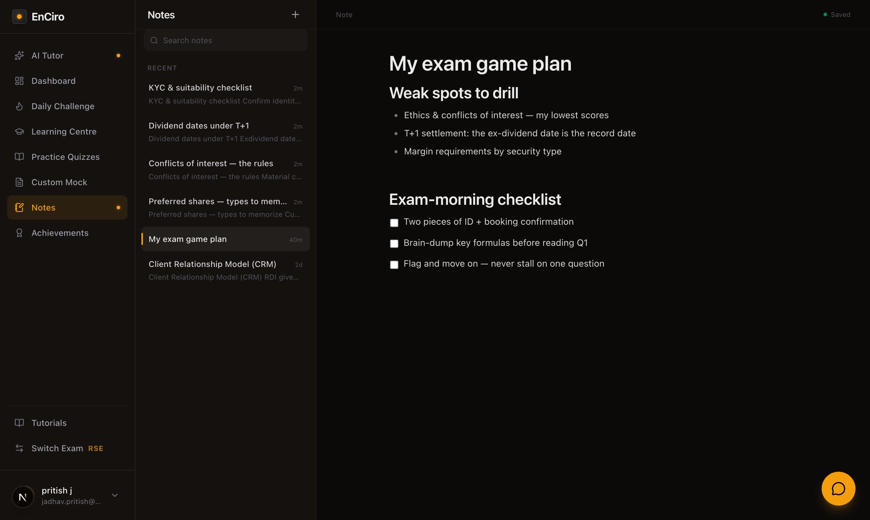 The Notes hub with a standalone note open titled 'My exam game plan', showing a bulleted list of weak spots and an exam-morning checklist with checkboxes