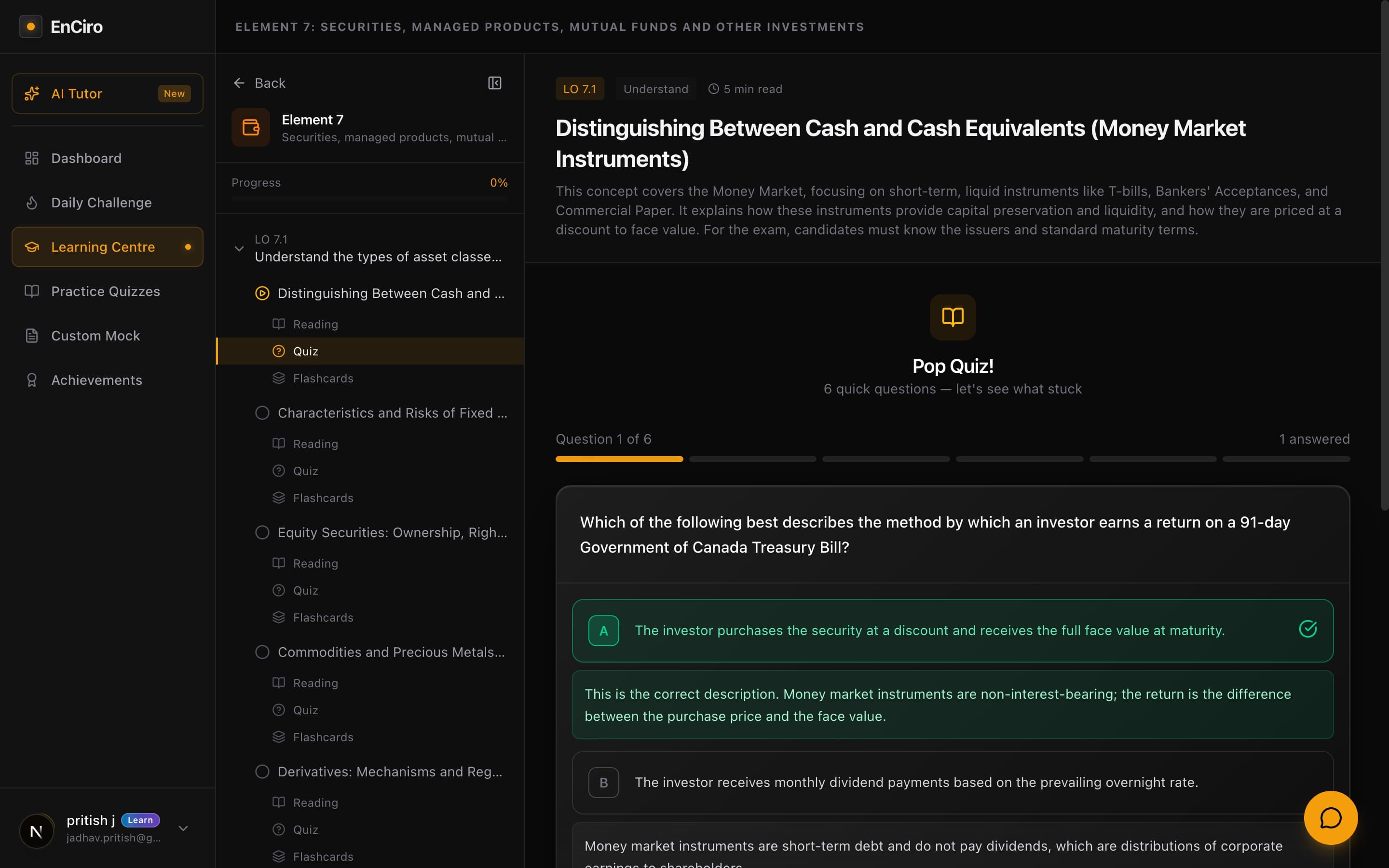 Pop Quiz showing answered question with correct answer highlighted and explanations for all four options