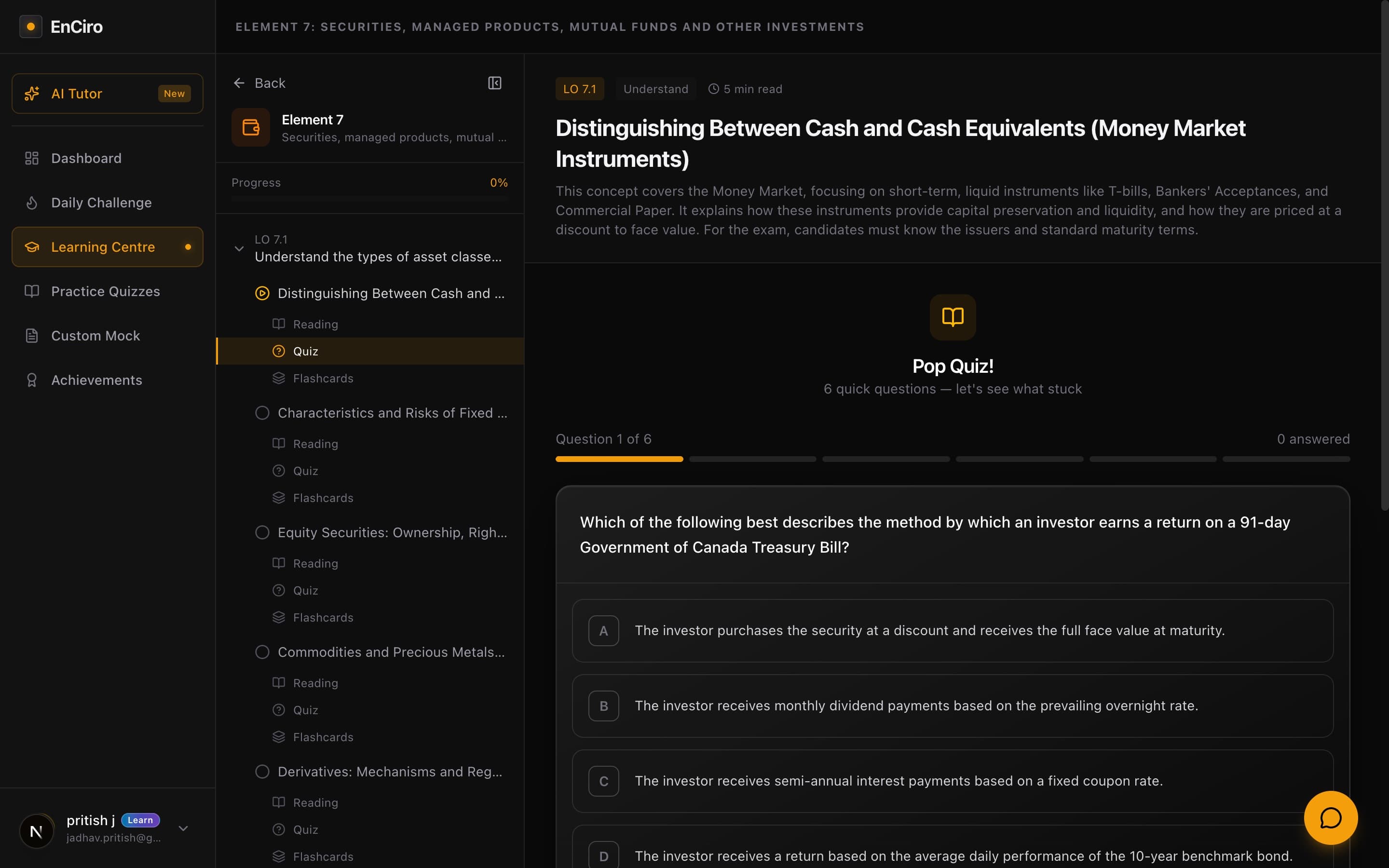 Pop Quiz view showing a multiple-choice question about Treasury Bills with four answer options