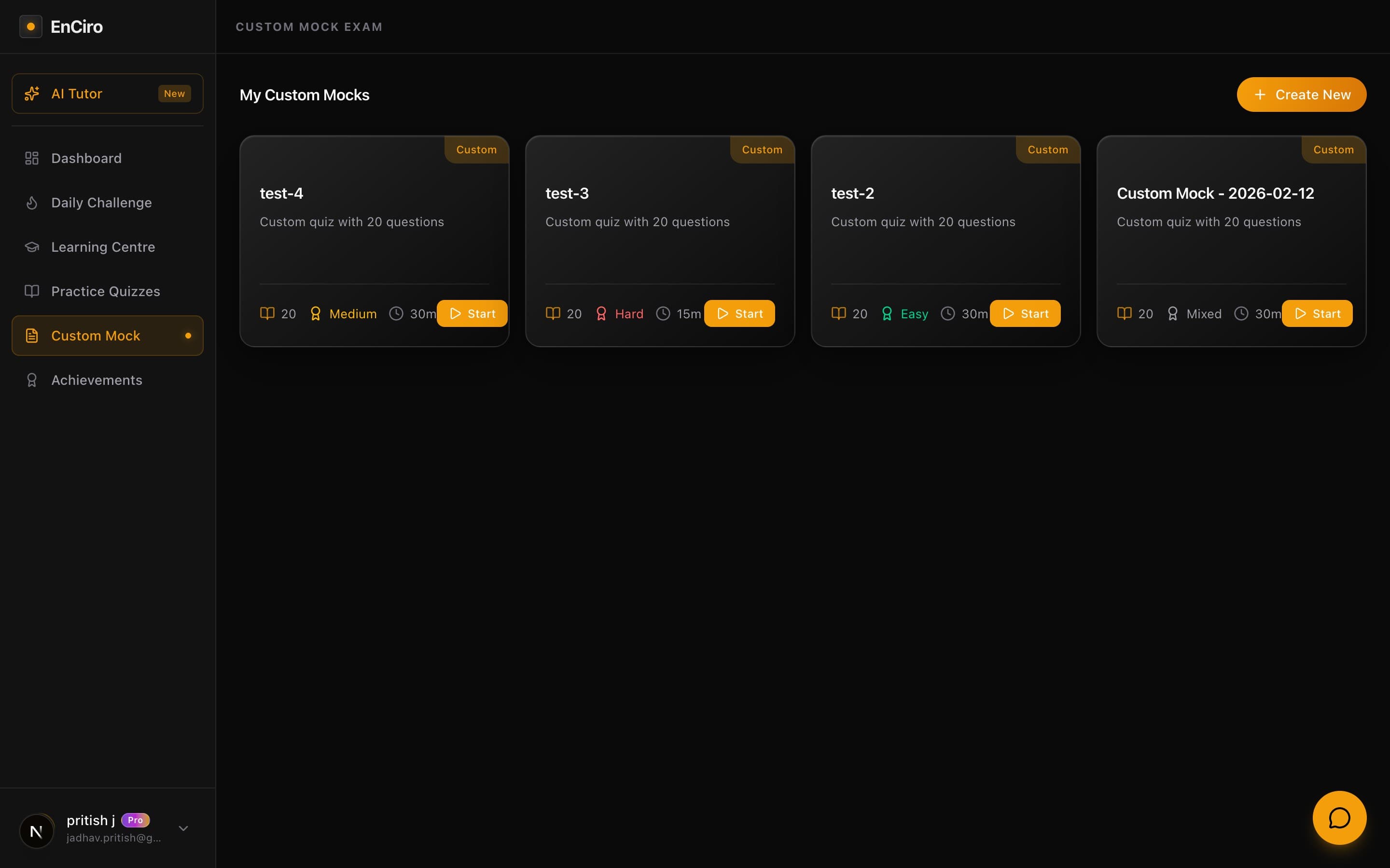 My Custom Mocks page showing four saved mock exams with different difficulty levels, question counts, and time limits, each with a Start button