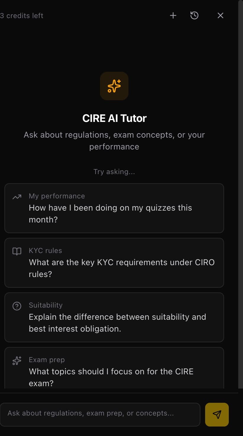 CIRE AI Tutor panel showing suggested prompts and chat input