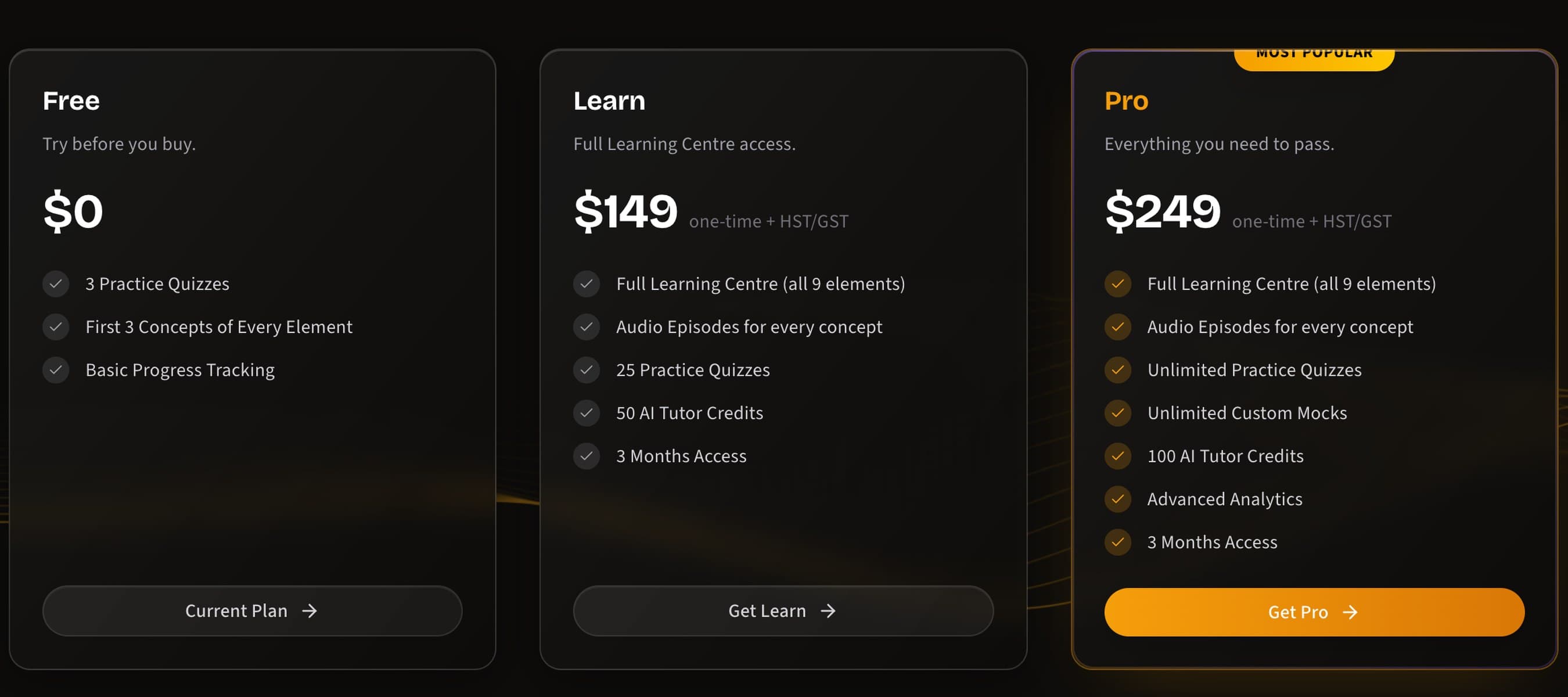 EnCiro pricing page showing three plan cards side by side — Free at $0 with 3 Practice Quizzes, the First 3 Concepts of Every Element, and Basic Progress Tracking; Learn at $149 one-time with Full Learning Centre, Audio Episodes for every concept, 25 Practice Quizzes, 50 AI Tutor Credits, and 3 Months Access; Pro at $249 one-time marked Most Popular with Full Learning Centre, Audio Episodes for every concept, Unlimited Practice Quizzes, Unlimited Custom Mocks, 100 AI Tutor Credits, Advanced Analytics, and 3 Months Access