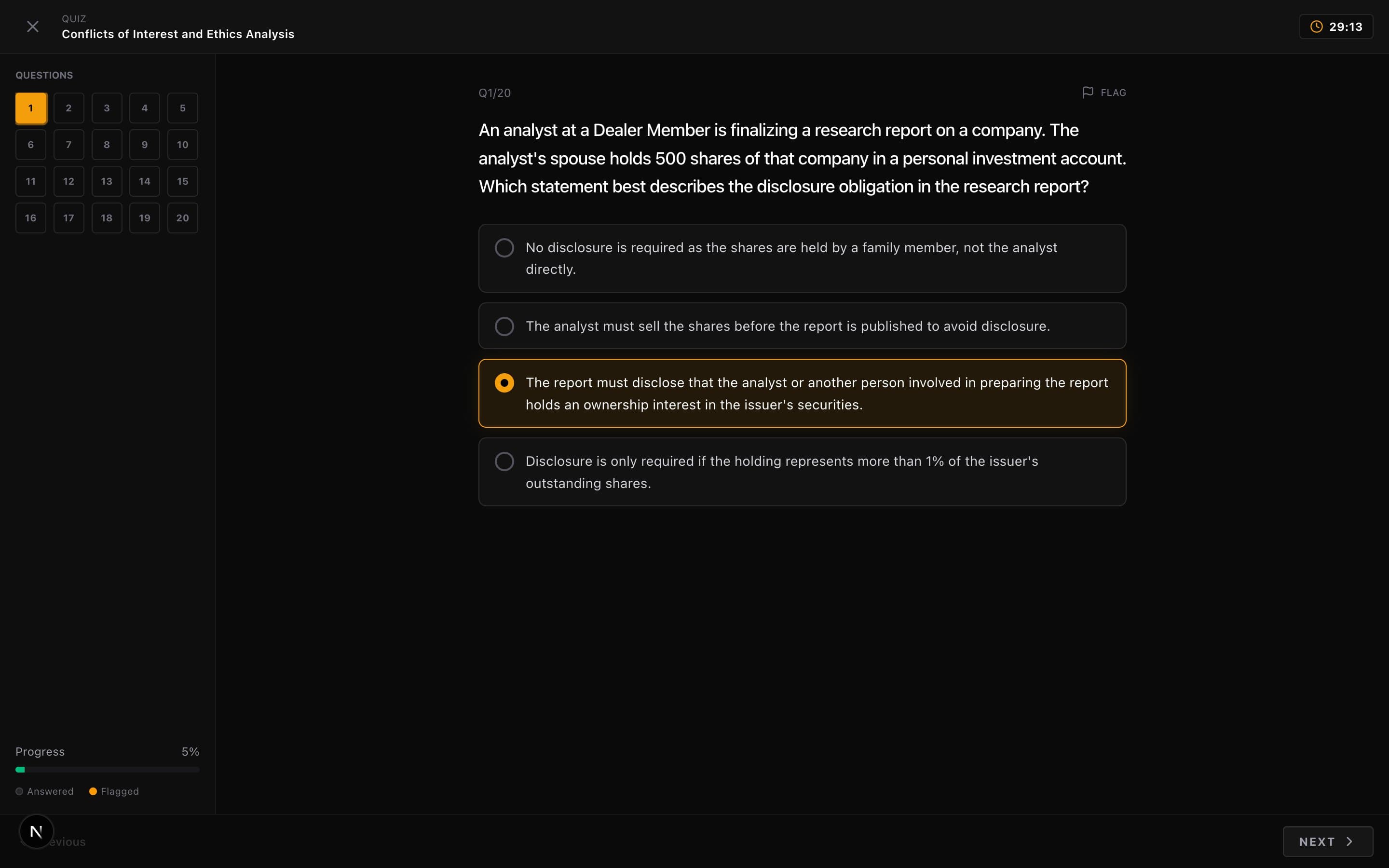 Quiz question with option C selected and highlighted with an orange border