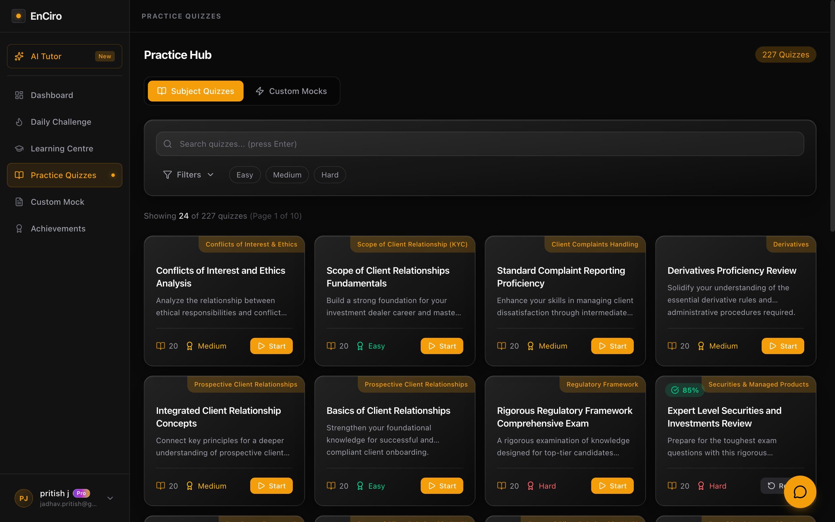 Practice Hub showing quiz cards filtered by element and difficulty, with 227 total quizzes available