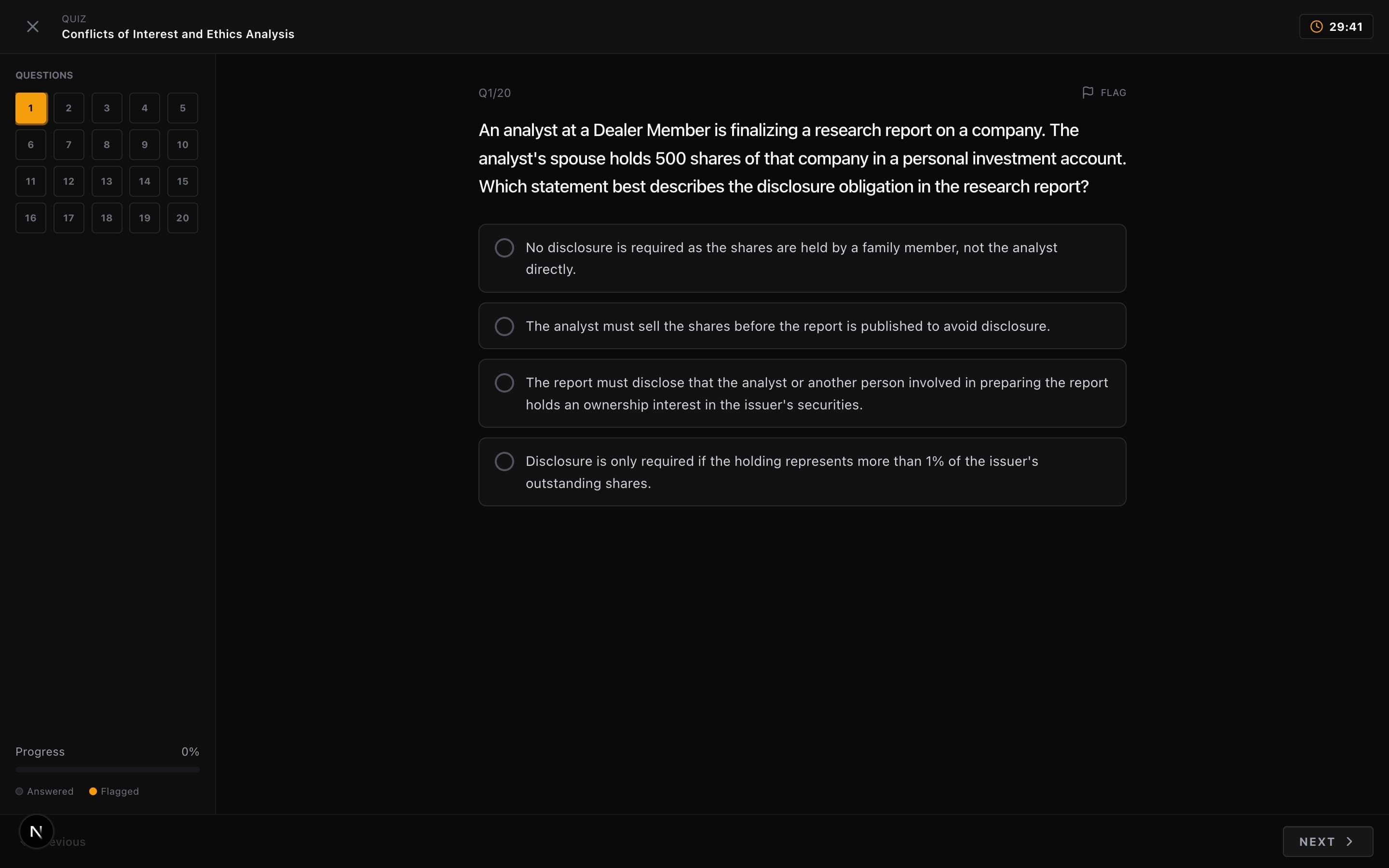 Full-screen quiz interface showing a question about disclosure obligations with four answer options, question grid on the left, and timer at top right