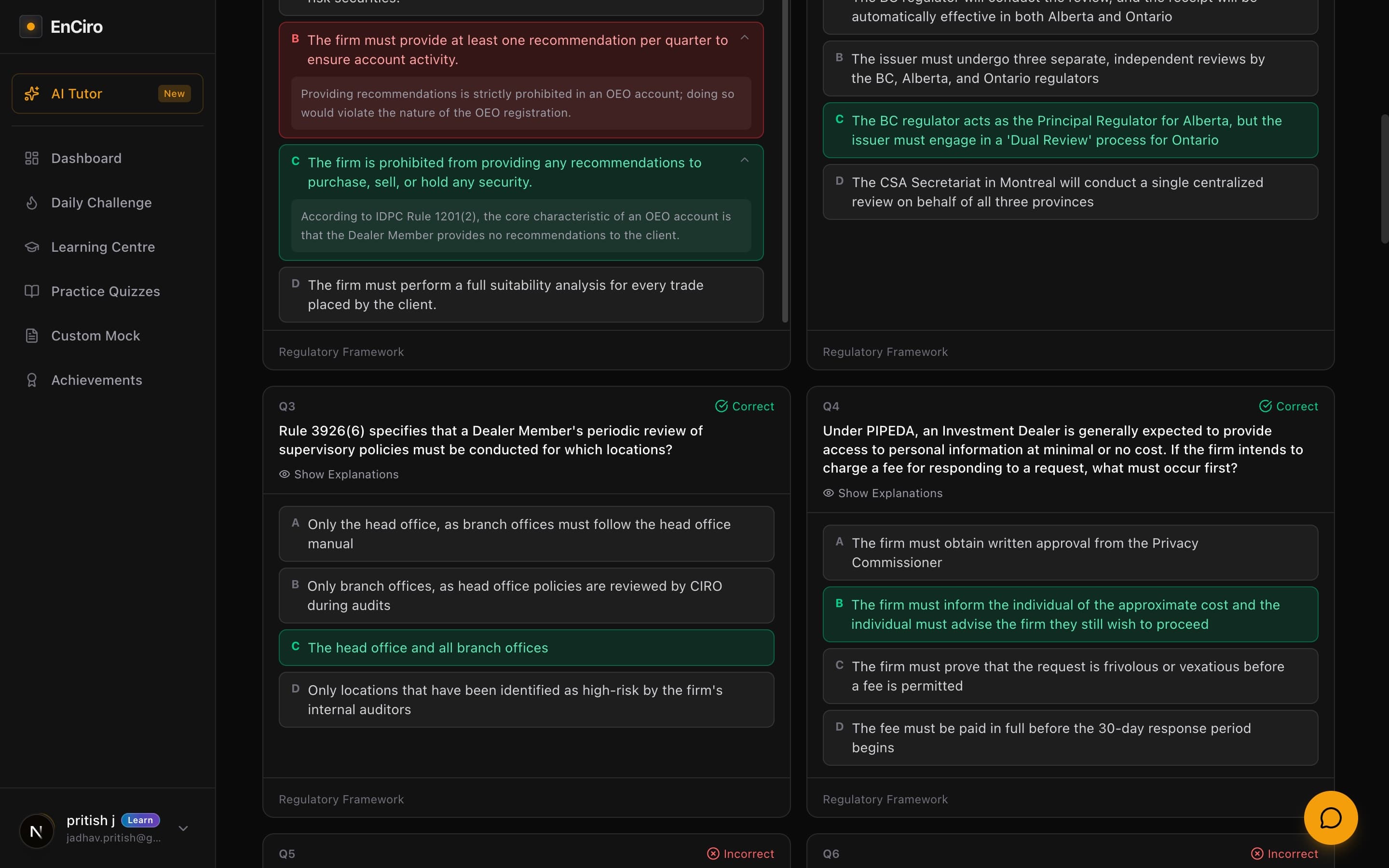 Question details showing expanded explanations for each answer option, with correct answers in green and incorrect in red