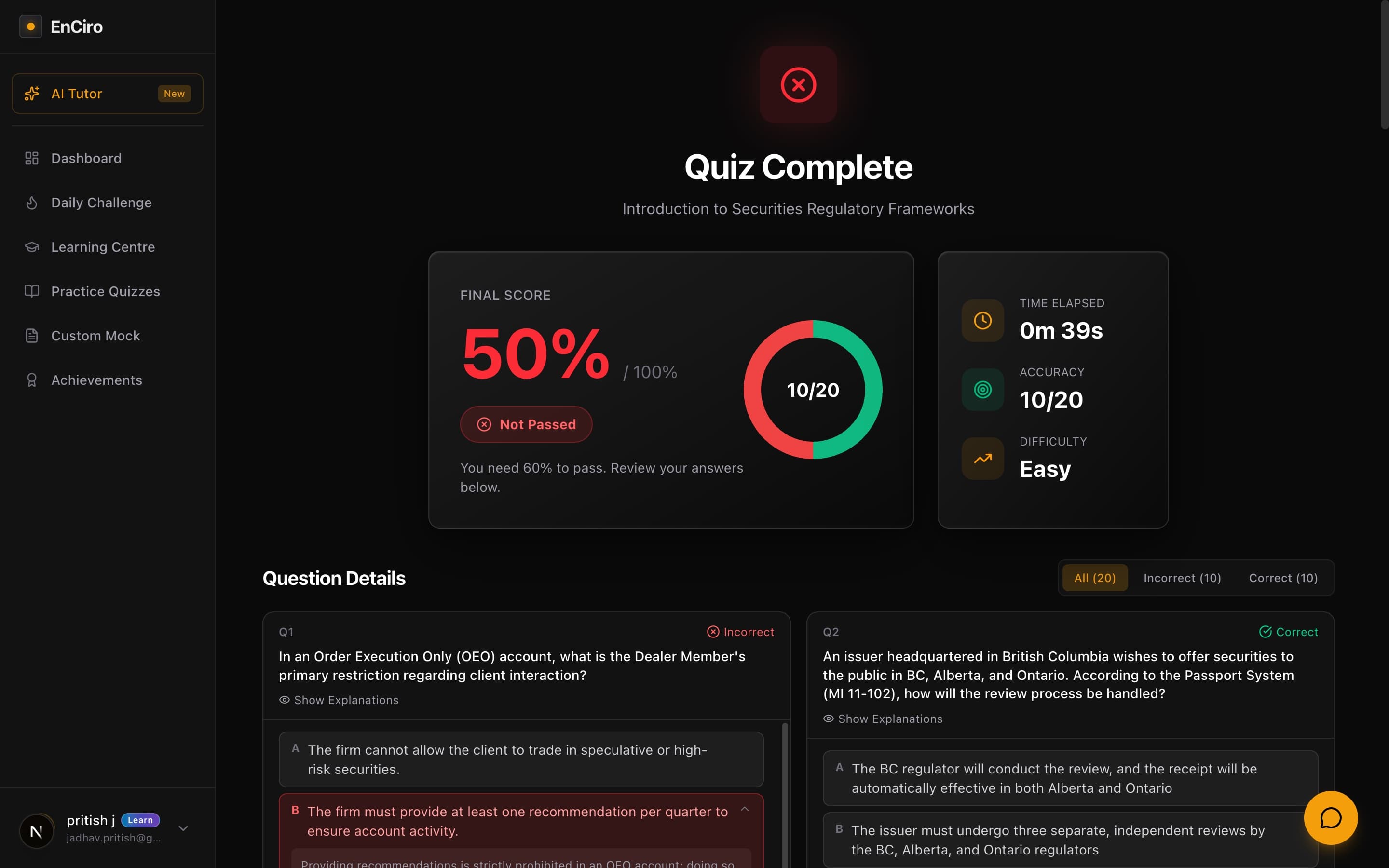 Quiz Complete screen showing 50% score with 10/20 correct, time elapsed, difficulty level, and question details below
