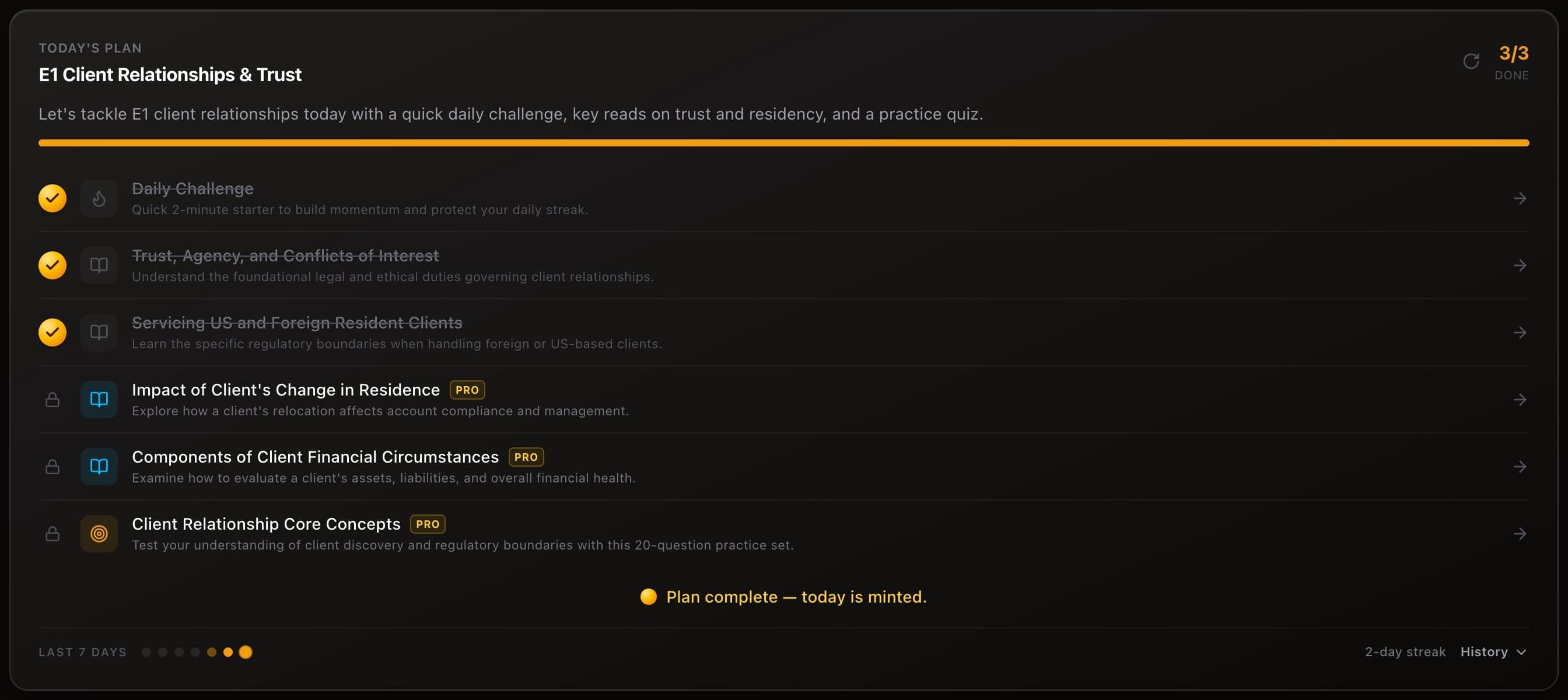 A completed Today's Plan card: 3/3 DONE, a full gold progress bar, three gold-checked items, three PRO-badged preview items below them, and the line 'Plan complete — today is minted' above the 7-day dot strip